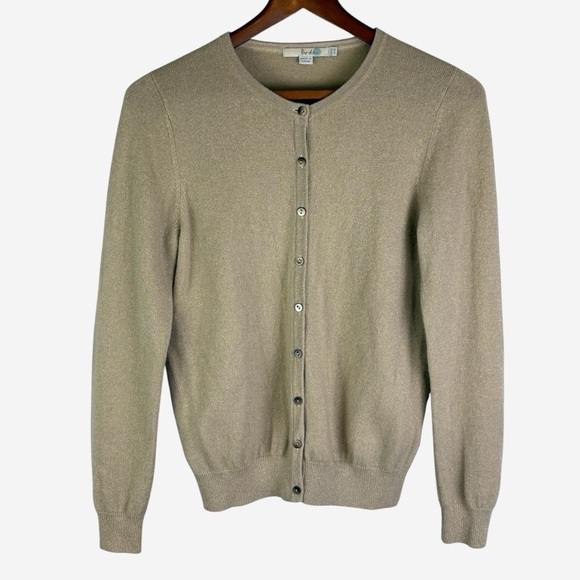 Boden Cashmere Cardigan Sweater Size 10 Fitted Button Front Tan Metallic Gold - Picture 1 of 12